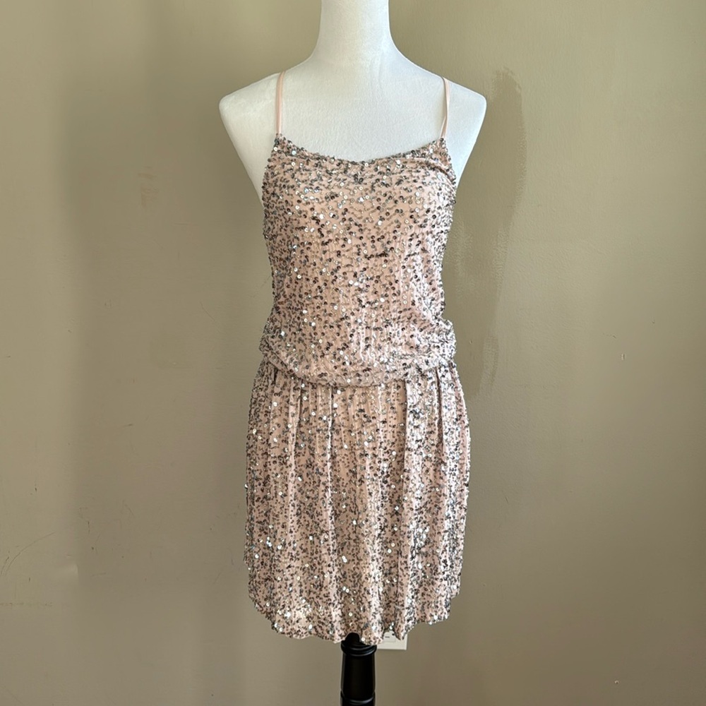 Alice + Olivia Bridget Sequined 100% Silk Blouson Pale Pink Blush Dress‎ Size XS - Picture 5 of 13